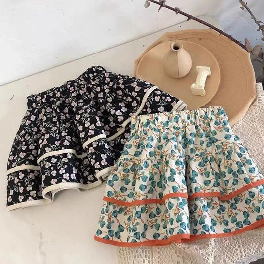 Autumn Spring Summer Casual Girls' Skirts Retro Style Floral Stretch Short Skirt Pleated Skirts Playful Style Sweet Style