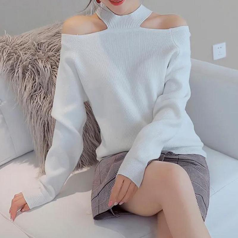 Spring and Autumn Hollow Halter Top Sexy Strapless Solid Color Base Shirt Women Round Neck Long Sleeve Comfortable Sweater