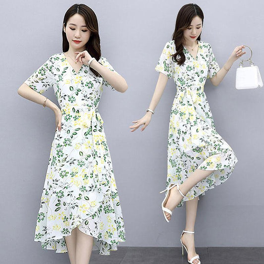 Chiffon Dress Feminine Temperament Elegant Waist Thin French Floral Long Skirt Can Be Belted Slimming Thin Ladies Chiffon Dress