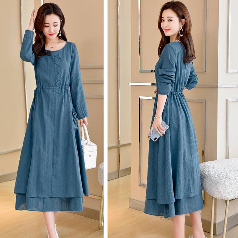 Women Dress Leisure Dress Women Ladies Fashion O-Neck Long Sleeve Loose Leisure Long Dress