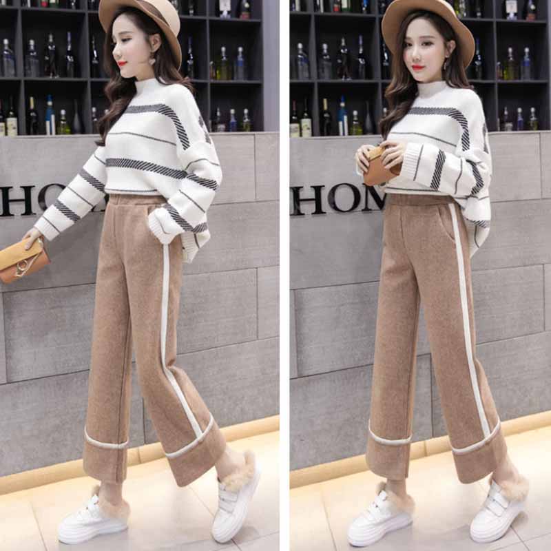 Autumn and Winter Thick Woolen Pants Wide-leg Pants Loose Women's Thin Straight-leg Pants Student Plus Size Casual Pants Nine-point Pants