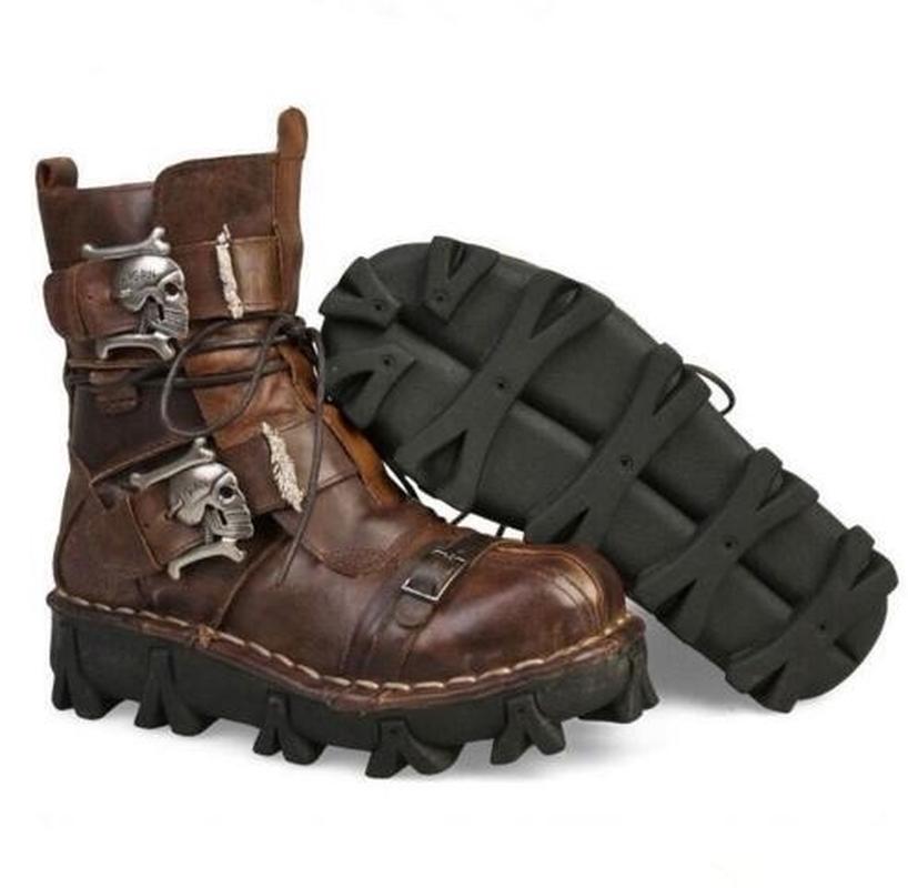Men Genuine Leather Military Uniform Boots Gothic Skull Punk Martin Platform Mid-calf Boots