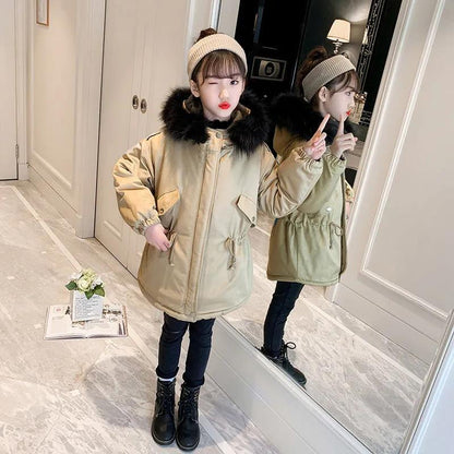 Girls' Warm and Windproof Winter Coat Plus Velvet Thick Casual Mid-length Fur Collar Coat