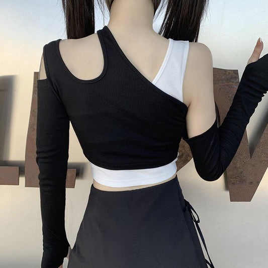 Retro Stitching Sexy Long-sleeved T-shirt Fake Two-piece Off-the-shoulder Top Women's Slim Short Long-sleeved T-shirt Bottoming Shirt