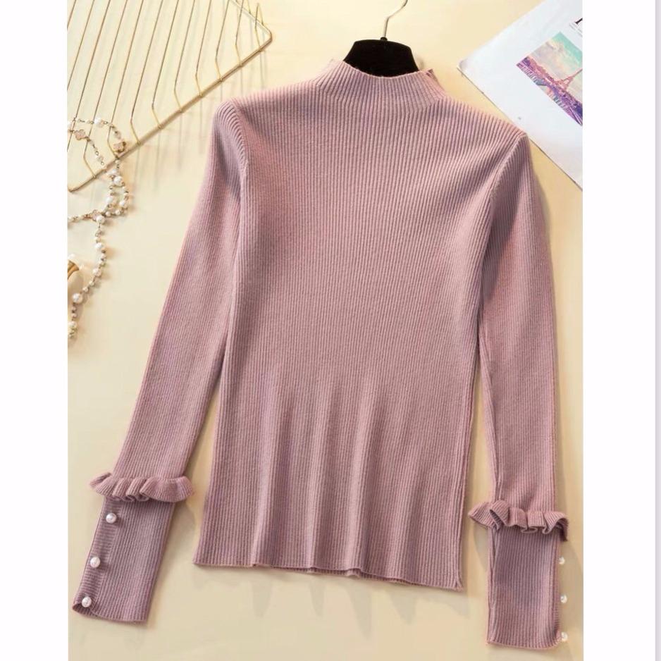 Pofulove Women's solid sweater Fit Thin Long Sleeve Half-High Collar Pullover Knitting Bottoming