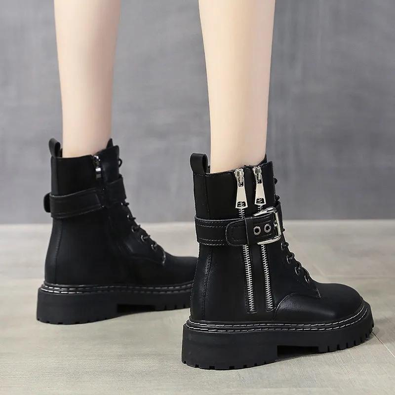 Woman Short Boots Autumn and Winter Warm Boot Thick-soled British Style Martin Boots Plush Boots Leather Velvet Boots