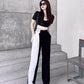 2PCS Women's Summer Sports and Leisure Age Reduction Suit Short T-shirt + High Waist Wide Leg Pants Suit Two-piece Set