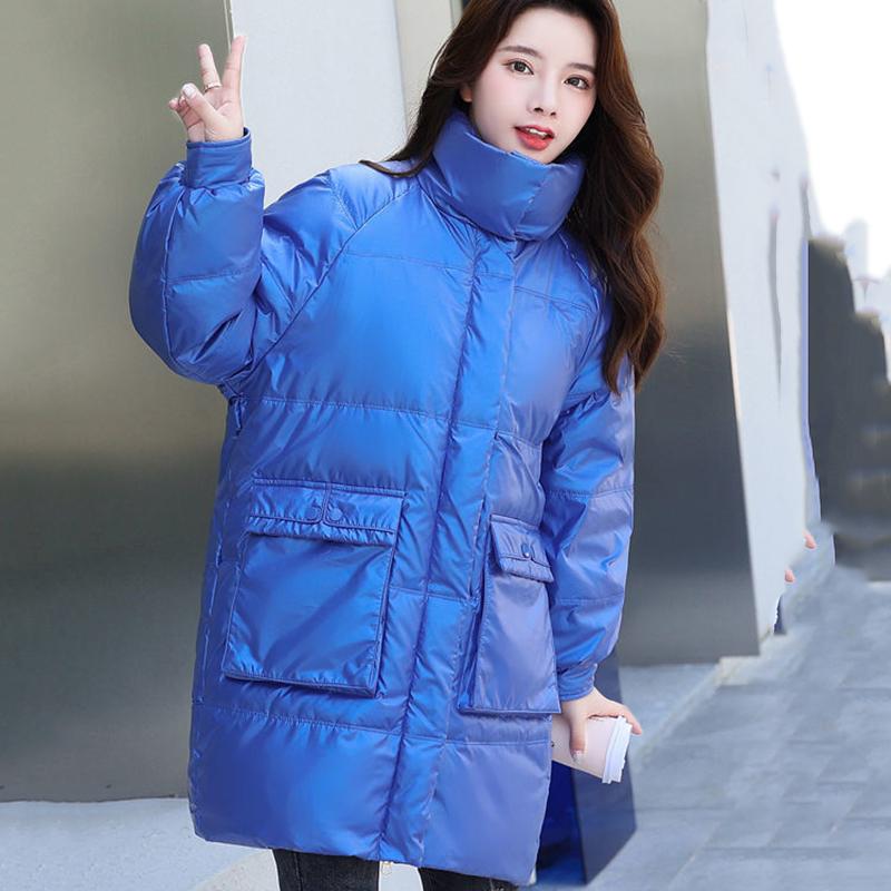 Women's Winter Korean Loose Quilted Coat Warm Stand-collar Down Jacket Women's Glossy Mid-length Down Jacket