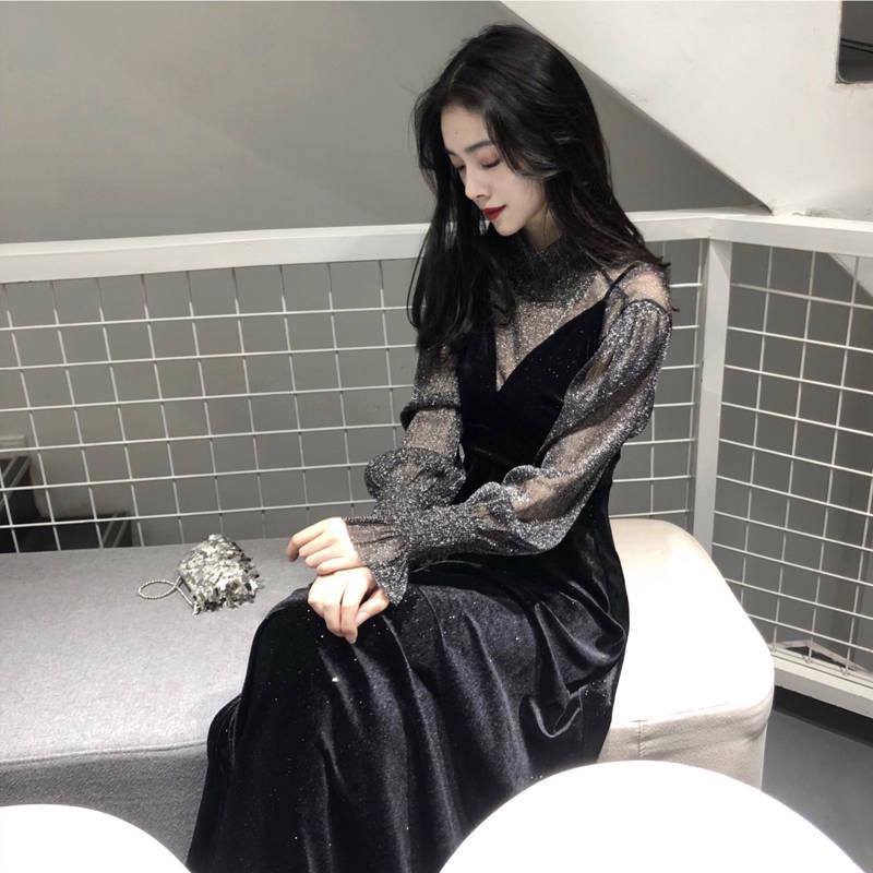 Sling Dress Two-piece Women's Korean Style Loose Mesh Gauze Stitching V-neck Long Sleeve Suit