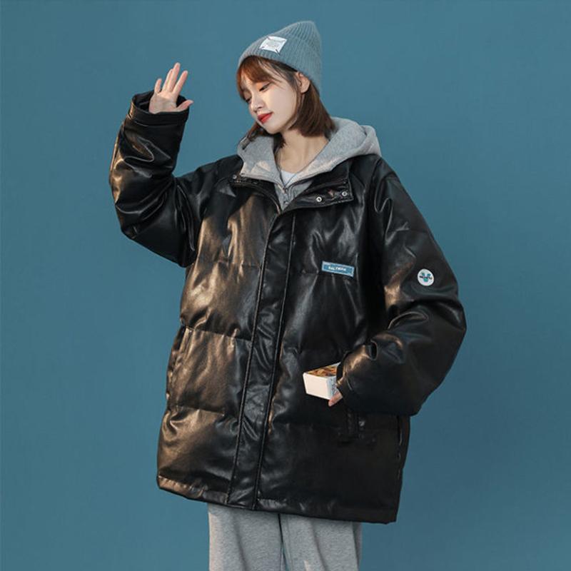 Winter Fake Two-piece Pu Leather Cotton Coat Loose Bread Coat Korean Version Cotton Coat Women's Cotton Jacket Warm Casual Coat Top Outdoor Jacket