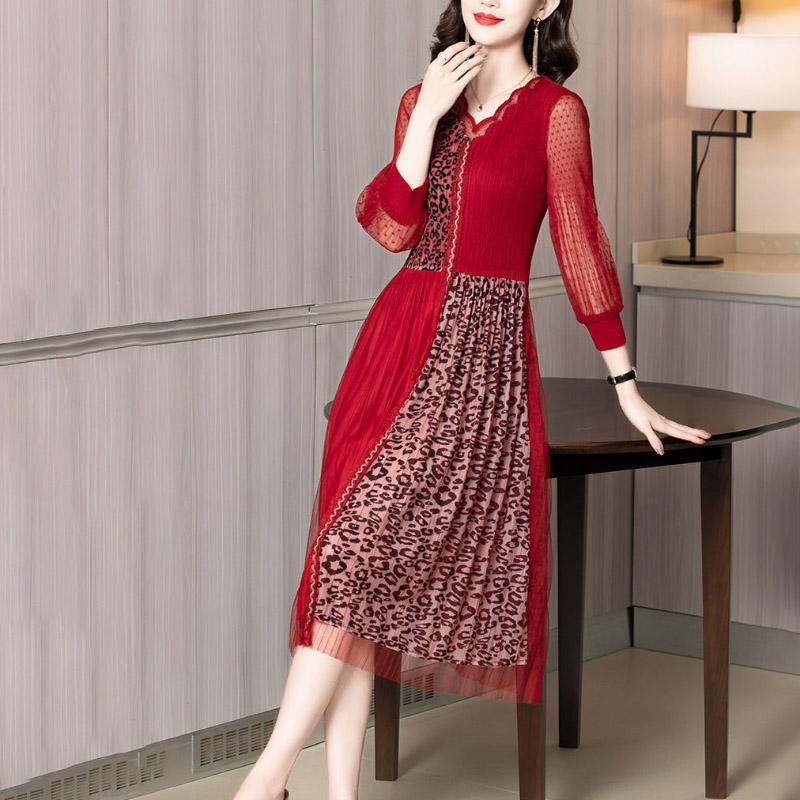 Lace Dress Female Spring Summer V-neck Leopard Print Over The Knee Long Skirt Purple Dress Mid-length Casual Large Size