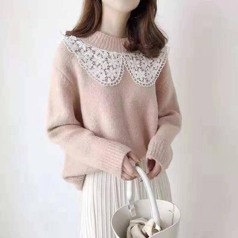 Pofulove Schoolgirl Lace O Neck Warm Knitwear Skin-friendly High Elasticity Girly Pullover Sweater