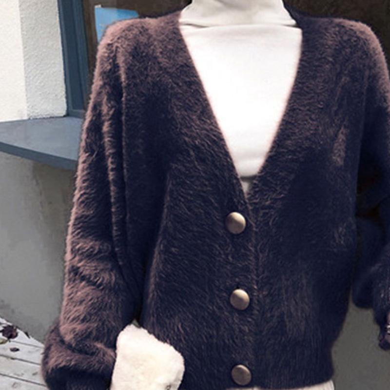 New Slim Autumn Imitation Mink Velvet Lazy Loose V-neck Casual Long-sleeved Sweater Knitted Cardigan Button Jacket Women