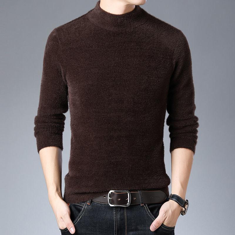 Men's Sweater Half High Neck Round Neck Casual Autumn and Winter Plus Velvet Thick Warm Knitted Bottoming Shirt