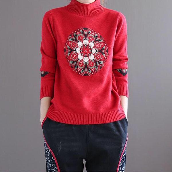 National Style Vintage Pullover Sweater Women Autumn Winter High-neck Plus Size Inner Base Sweater Loose Knitwear
