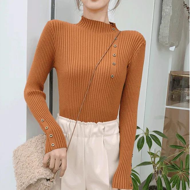 Button Half Turtleneck Sweater Women's Slim Fit Slim Long Sleeve Bottom Shirt Fashion Solid Color Stretch Pullover Large Size