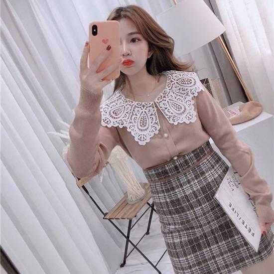 Pofulove Girly Lace V Neck Warm Knitwear Skin-friendly High Elasticity Slim Women Pullover Sweater