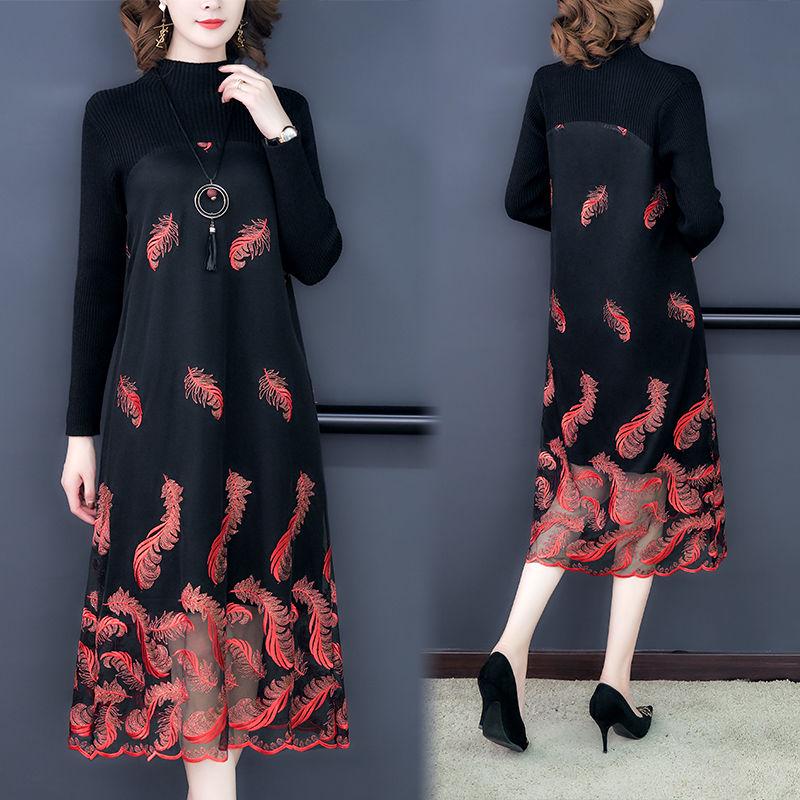 Women's Stitching Mesh Embroidery Sweater Dress Women's Large Size Loose Long A-line Knitted Dress High-end Pullover Sweater Outwear Autumn Winter