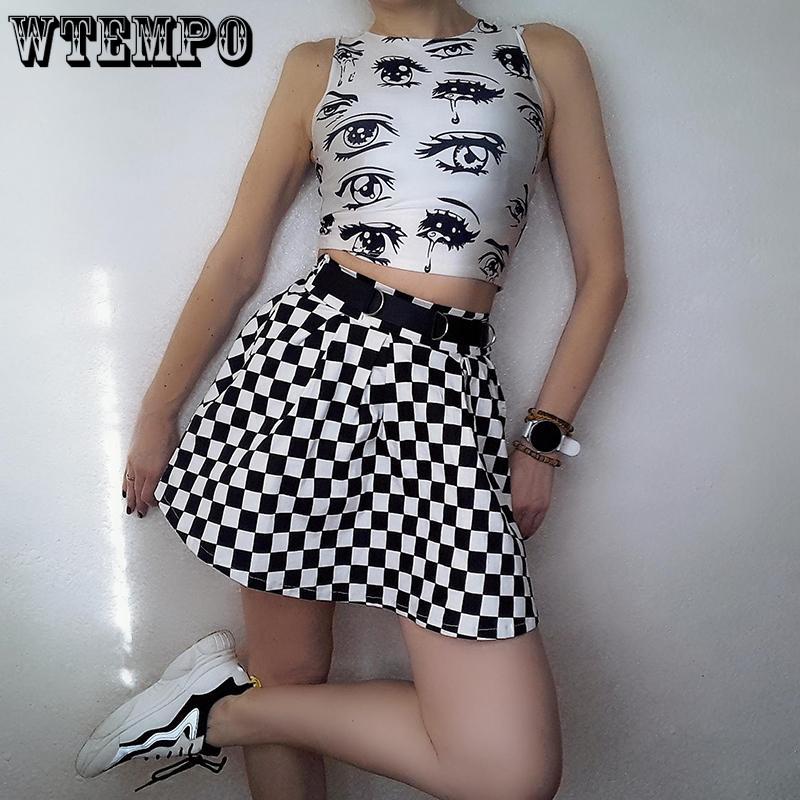Womens Black and White Glazed Chain Checkerboard High Waist Skirt Streetwear Cotton Plaid Skirts Dancing Short Mini Skirts