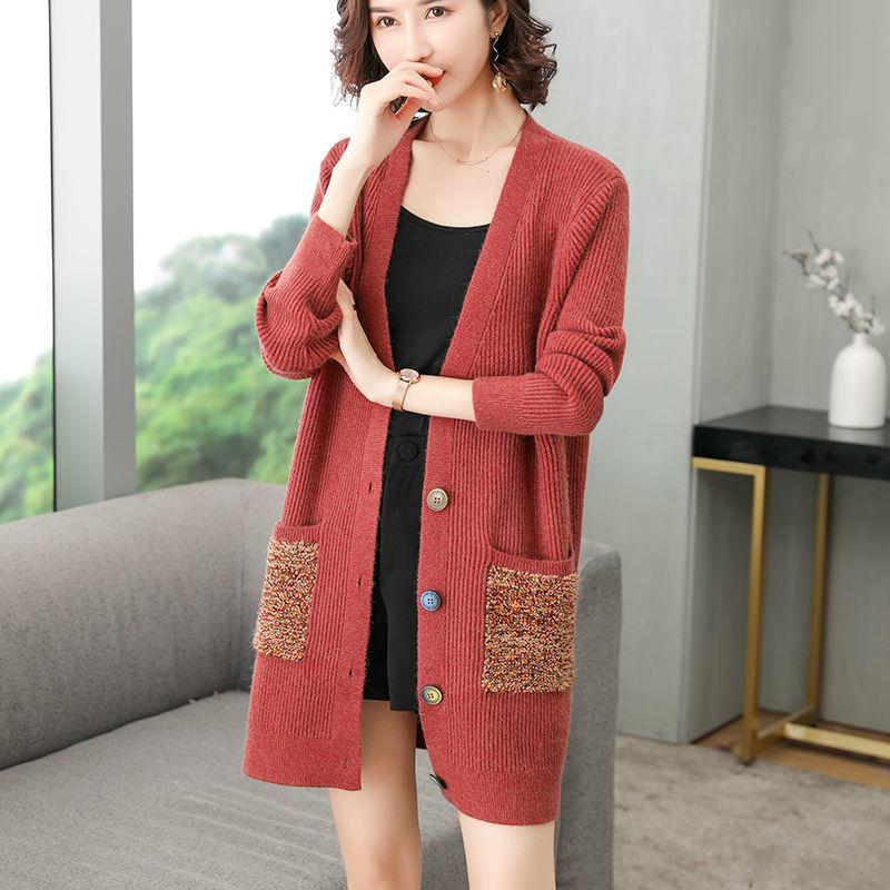 Spring and Autumn Mid-length Wool Sweater Plus Size Fashion Embroidered Blouse Simple Cardigan Middle-aged Women Jacket