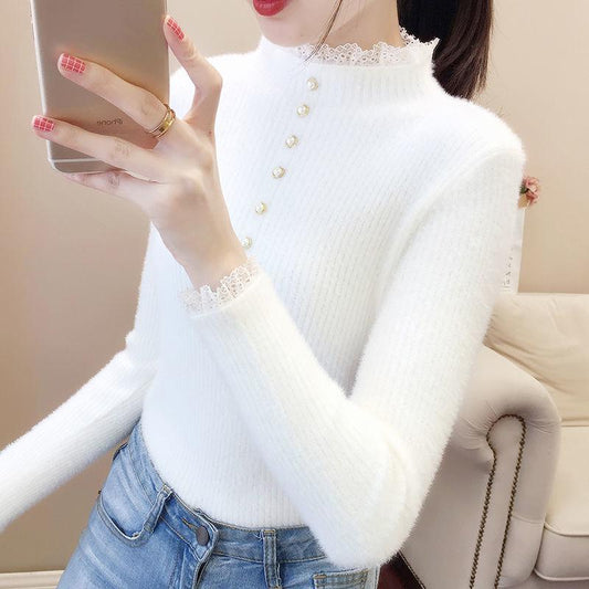 Half High Collar Imitation Mink Velvet Women's Sweater Bottoming Shirt Winter Lace Sweater Top