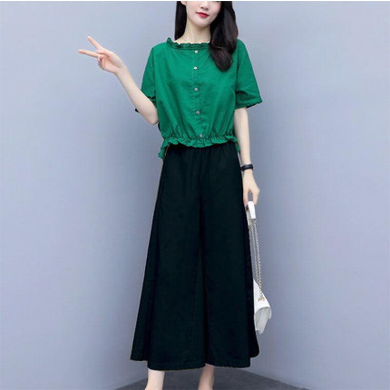 Suit Summer Cotton and Linen Large Size Loose Round Neck Short-sleeved Shirt Casual Wide-leg Pants Women's Suit Casual Suit