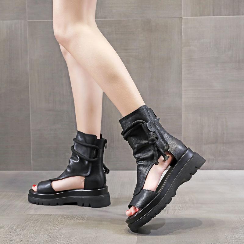 Women's Soft Leather Flat Sandals Platform Fish Mouth Sandals Mid-heel Casual High-top Roman Shoes
