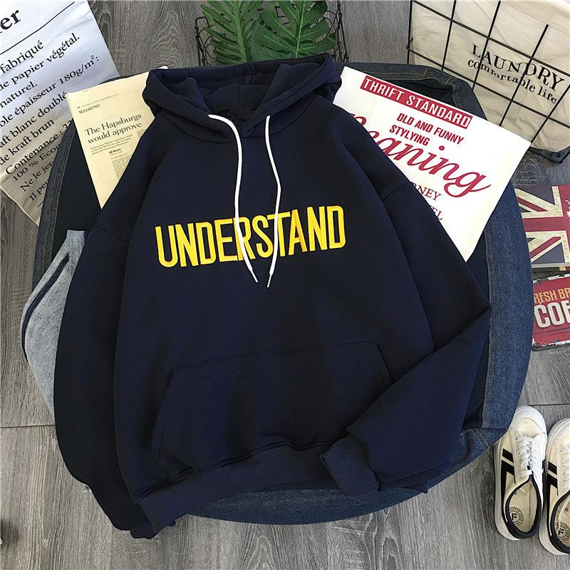 Women's Autumn/winter Fashion Letter Embroidered Hoodie Plain Color Loose Sweatshirt