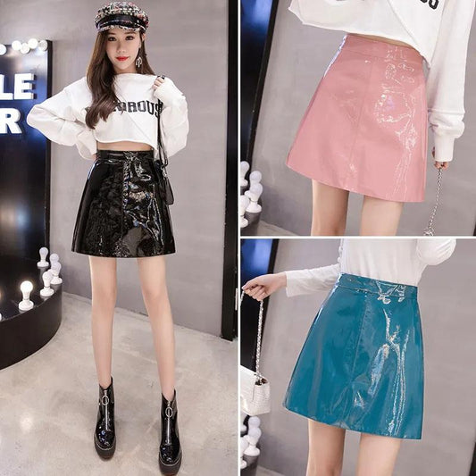 High Waist Hips Glossy Bright Leather Skirt Anti-glare A-line Skirt Pu Short Skirt All Match Casual Mini Leather Skirt
