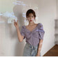Purple Puff Sleeve Shirt Women's Summer Design Sense Retro Short Shirt Pleated French Square Collar Short Sleeve Top