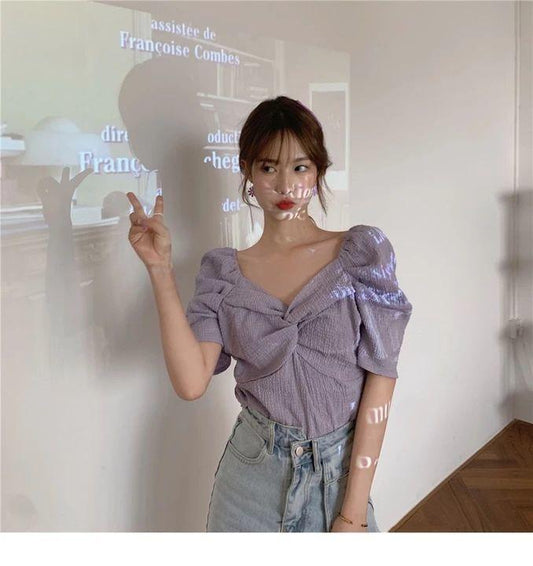 Purple Puff Sleeve Shirt Women's Summer Design Sense Retro Short Shirt Pleated French Square Collar Short Sleeve Top