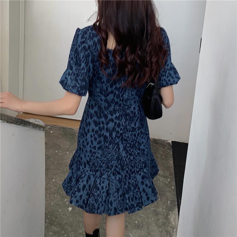 Female Vintage Slim Elegant Party Dress Leopard Print Square Neck Bubble Short Sleeve Denim Graceful Club Dress