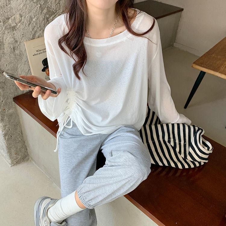 Fall Women's Hollow out Bandage Round O-neck Autumn Long Sleeve Casual Loose T-shirt Blouse Pure color Leisure Tee