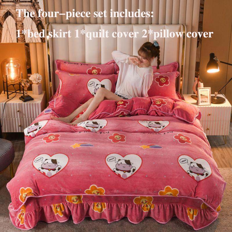 Milk Velvet Thick Bed Skirt Four-piece Quilt Cover Pillowcase Bed Skirt Set Household Bedding