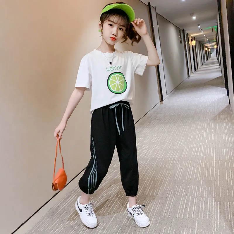 Girls Summer Green Printed Short Sleeves + Low Waist Beam Ninth Pants Loose Casual Simple Style Children's Thin Two-piece Set