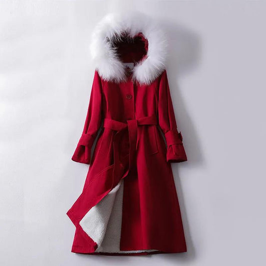 Lamb Velvet Jacket Windbreaker-style Cotton-padded Jacket Women's Korean Mid-length Section Plus Velvet Padded Fur Collar Winter Padded Jacket