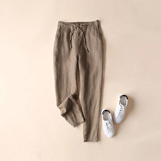 Women's Summer Linen Pants, Elastic Drawstring Waist, Korean Style Loose and Slim All-match Casual Women's Pants Ninth Pencil Pants
