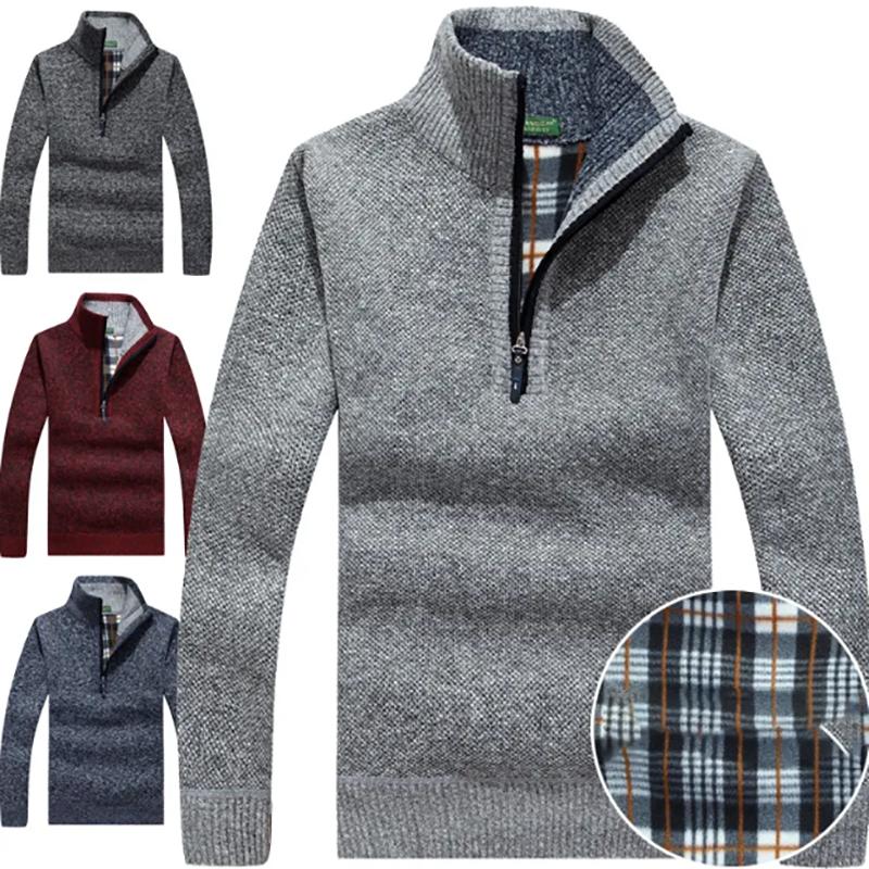 Men's Thick Plus Fleece Sweatshirts Pullover Sweater Base Sweater Men's Loose Warm Knit Sweater Stand-up Collar Sweater