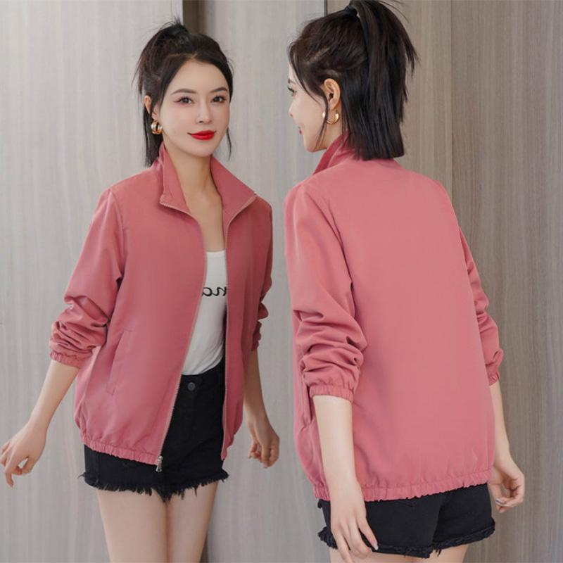 Spring and Autumn Solid Color Sports Casual Stand Collar Short Jacket Loose Versatile Ladies Jacket Windbreaker
