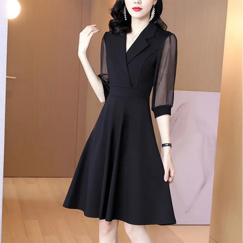 Mesh Stitching Three-quarter Sleeves Little Black Dress Waist and Slim Temperament A-line Skirt Suit V-neck Dress