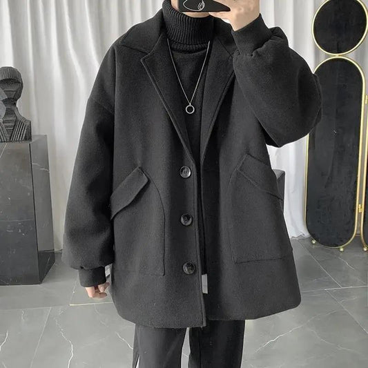 Mid-length Woolen Coat Plus Velvet Casual Men's Warm Long-sleeved Jacket Loose Polo Collar Temperament Handsome Top