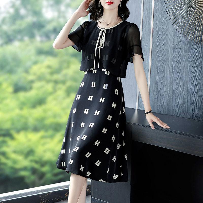 Fake Two-piece Black Dress Female Springsummer Plus Size Women Clothing Was Thin Net Yarn Printing Stitching Black Dress