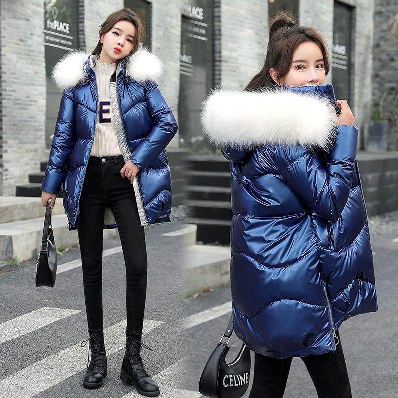 Women Thickened Bright Bread Down Parka Coat Loose Pink Silver Hooded