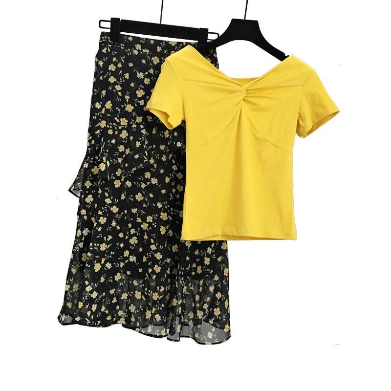 Summer Skirt Two-piece Set Women V-neck Short-sleeve T-shirt Top Korean Irregular Midi Floral Pleated Skirt Two-piece Suit Plus Size