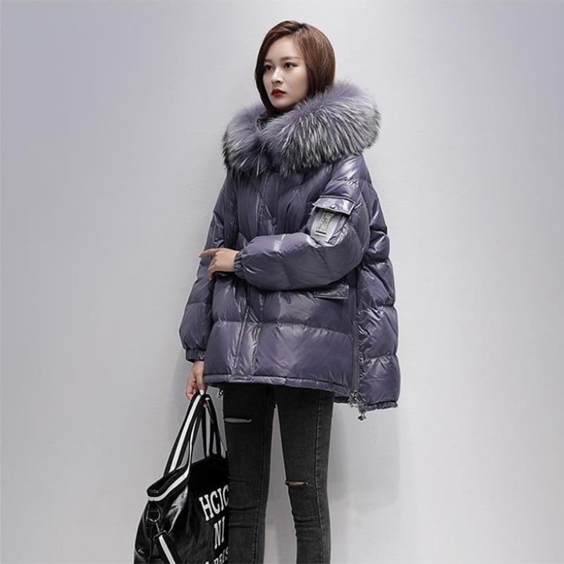 Women's Glossy Loose Down Jacket Mid-length Korean Thick Coat Warm Cotton Coat with Big Fur Collar Winter Quilted Jacket