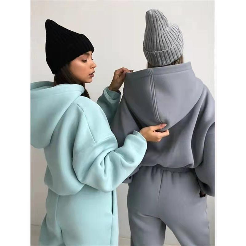 2PCS Autumn and Winter Solid Color Hooded Sweater Casual Two Piece Set Long Sleeve Pullover Sweater Fitness Jogging Pants Sports Suits
