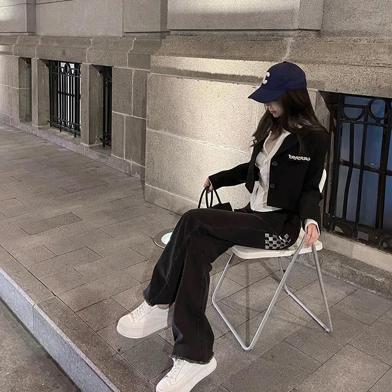 Autumn and Winter Embroidery Chessboard Grain Legs Full Points Must Be Slopes High Waist Slim Straight Micro-jeans Women