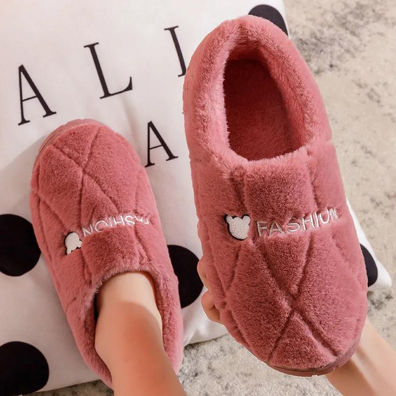 Women Unisex Winter Home Slippers Leather Waterproof Non Slip Slippers Plush Warm Indoor