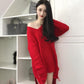 Spring and Autumn Sexy Mid-length Sweater V-neck Pullover Irregular Top Loose Hole Knit Sweater Dress