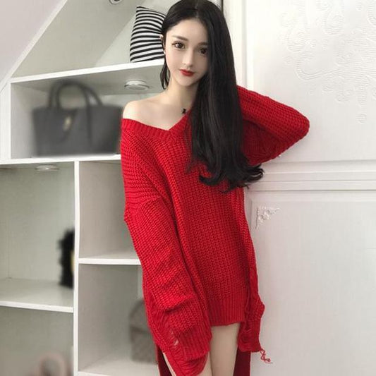 Spring and Autumn Sexy Mid-length Sweater V-neck Pullover Irregular Top Loose Hole Knit Sweater Dress